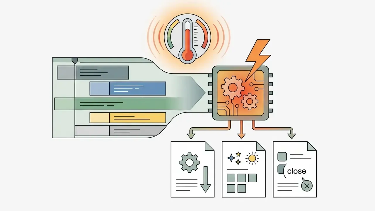 Video timeline feeding into a hot processor with icons showing reduced performance and background tasks