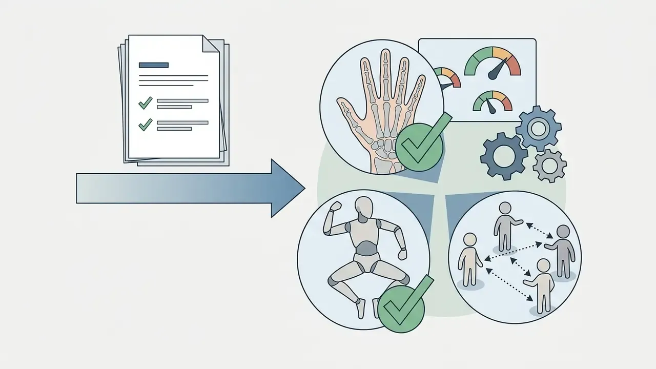 Document feeding into circular icons showing anatomical hand, pose, and group interaction evaluation