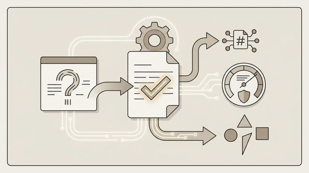 Query window feeding into a document with a checkmark, gear, hash icon, gauge, and geometric shapes