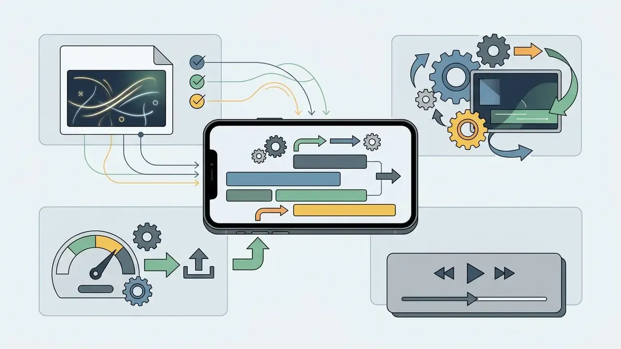 Motion graphics templates and project data flowing into a timeline interface on a mobile device