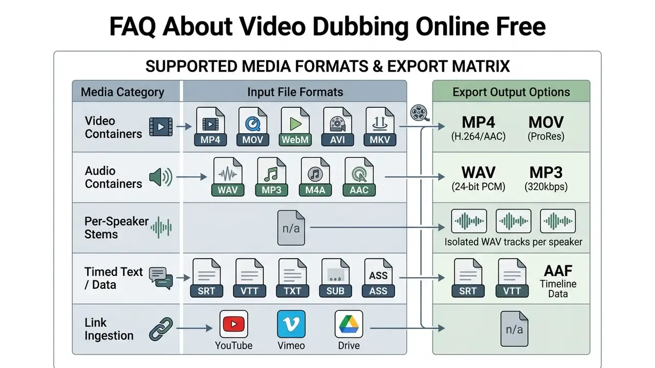 Matrix table showing supported input file formats and available export output options for media files