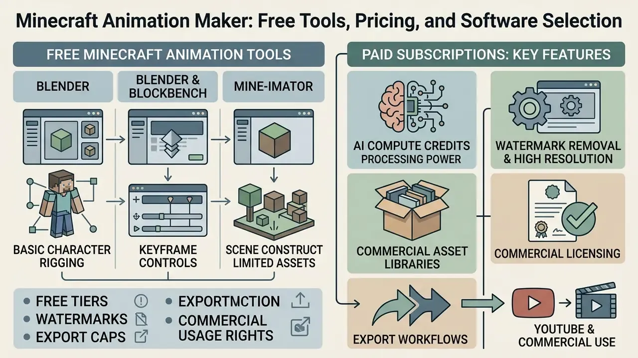 Comparison chart of free software tools versus paid subscription features for digital video production