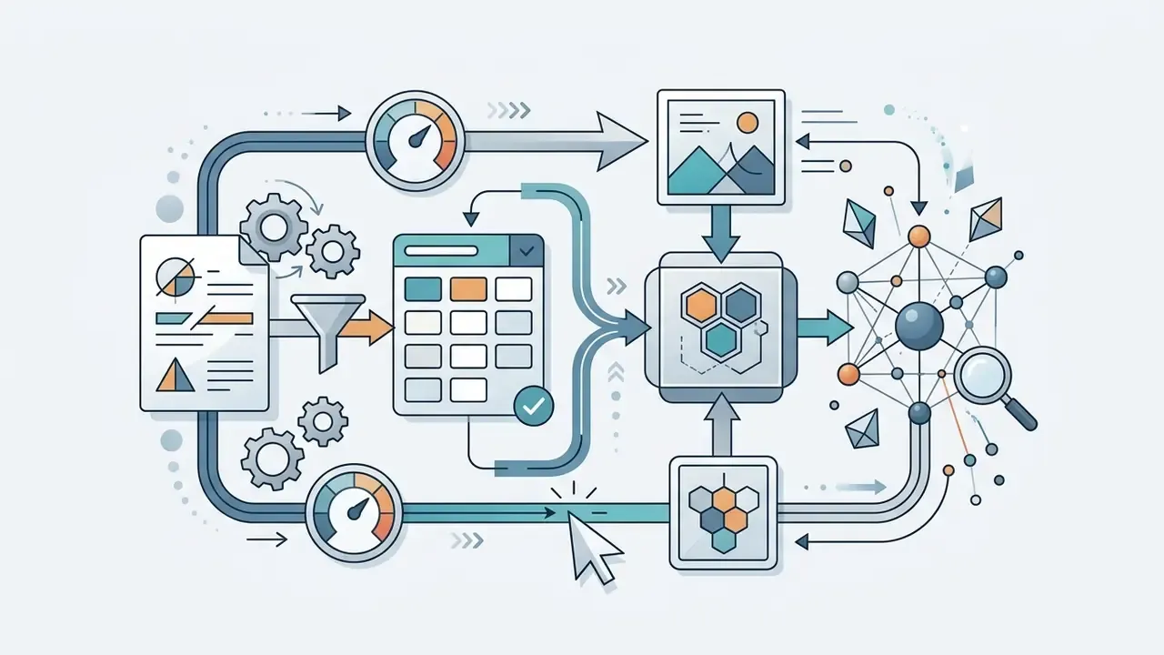 Data processing pipeline converting documents and metrics into structured embeddings and visual networks