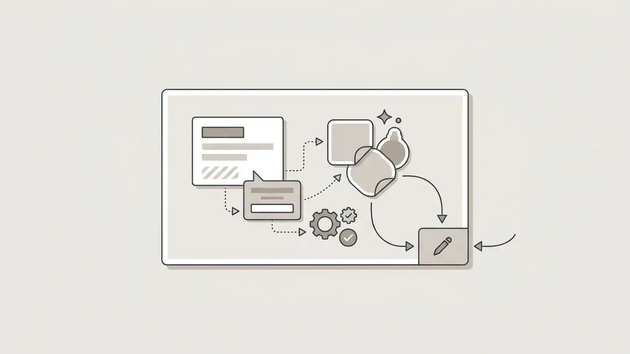 Diagram showing text boxes and stickers merging into a single editing interface with a pen icon