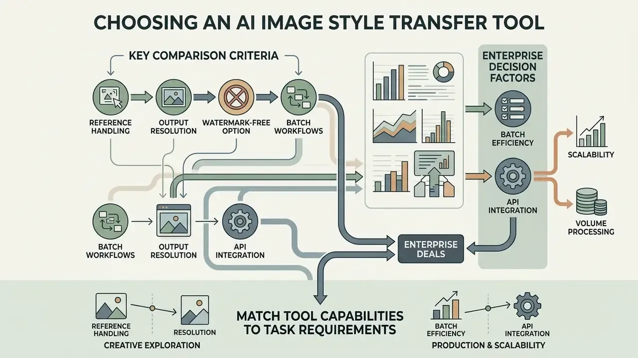 Flowchart connecting technical criteria like resolution and batch workflows to enterprise decision factors