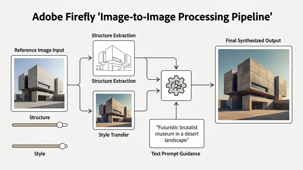 Adobe firefly ai image generation control pipeline showing reference image input, structure, and style