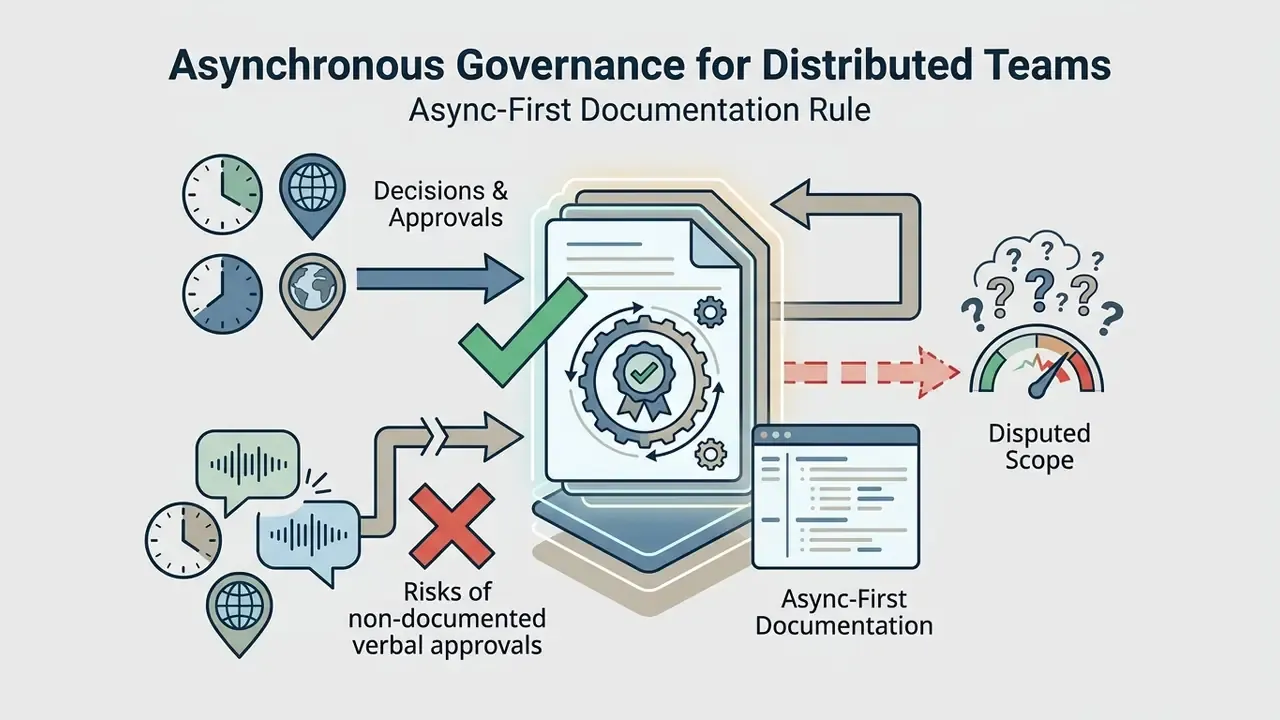 Clocks and globe icons showing how documented approvals prevent scope disputes and project confusion