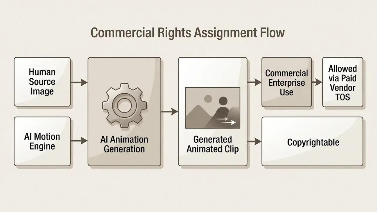 Diagram mapping input sources to animation generation and the resulting legal and enterprise outcomes