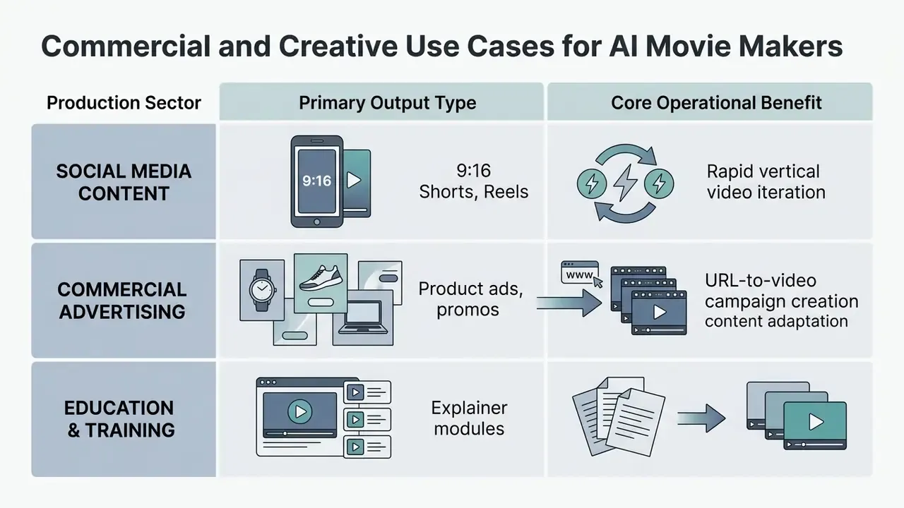 Table mapping production sectors to output types and operational benefits for automated video generation