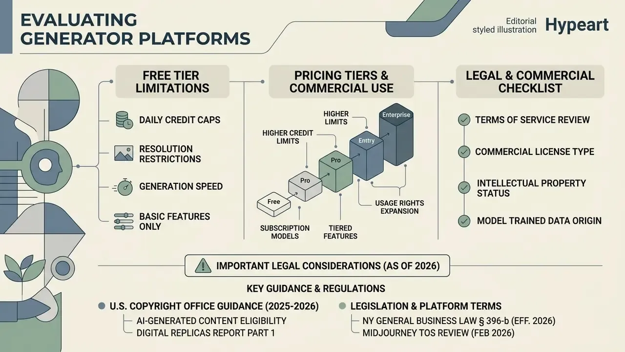 Chart comparing generator platform pricing tiers, usage limits, and legal guidelines for AI content