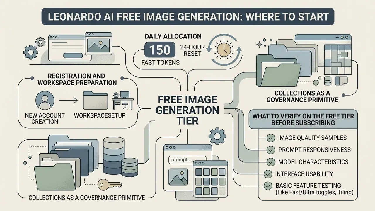 Diagram outlining Leonardo AI free tier daily token limits, workspace setup, and key verification steps