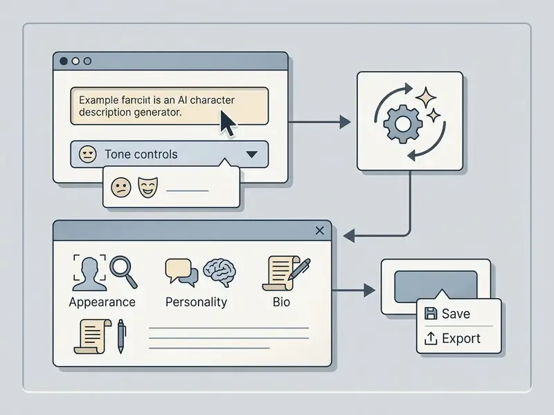 Process flow showing text input and tone selection leading to generated character attributes and export options
