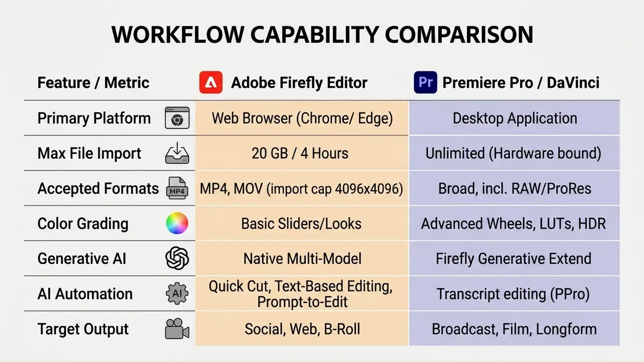Comparison table contrasting technical specifications and capabilities of Adobe Firefly and professional software