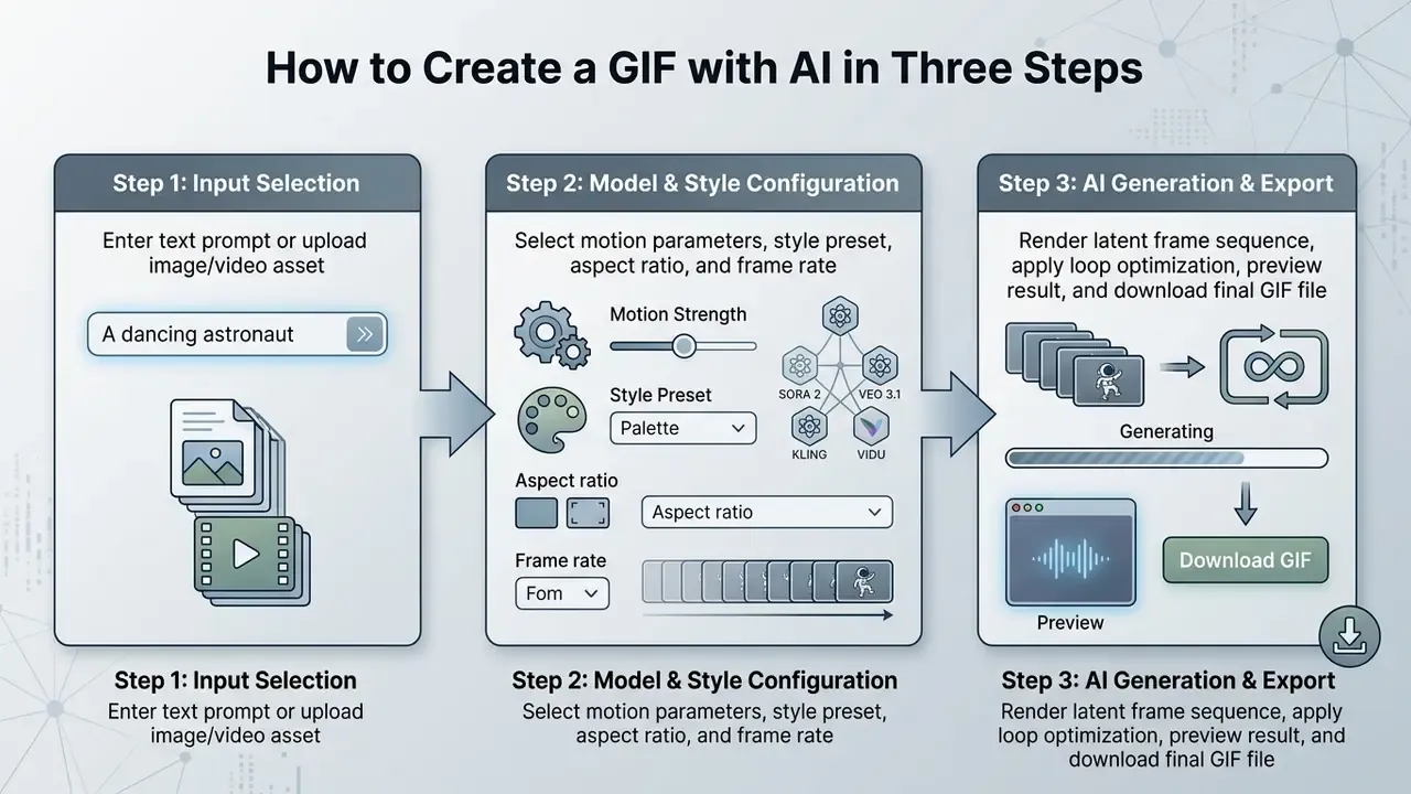 Three step process for using an AI GIF generator from input selection to configuration and final export