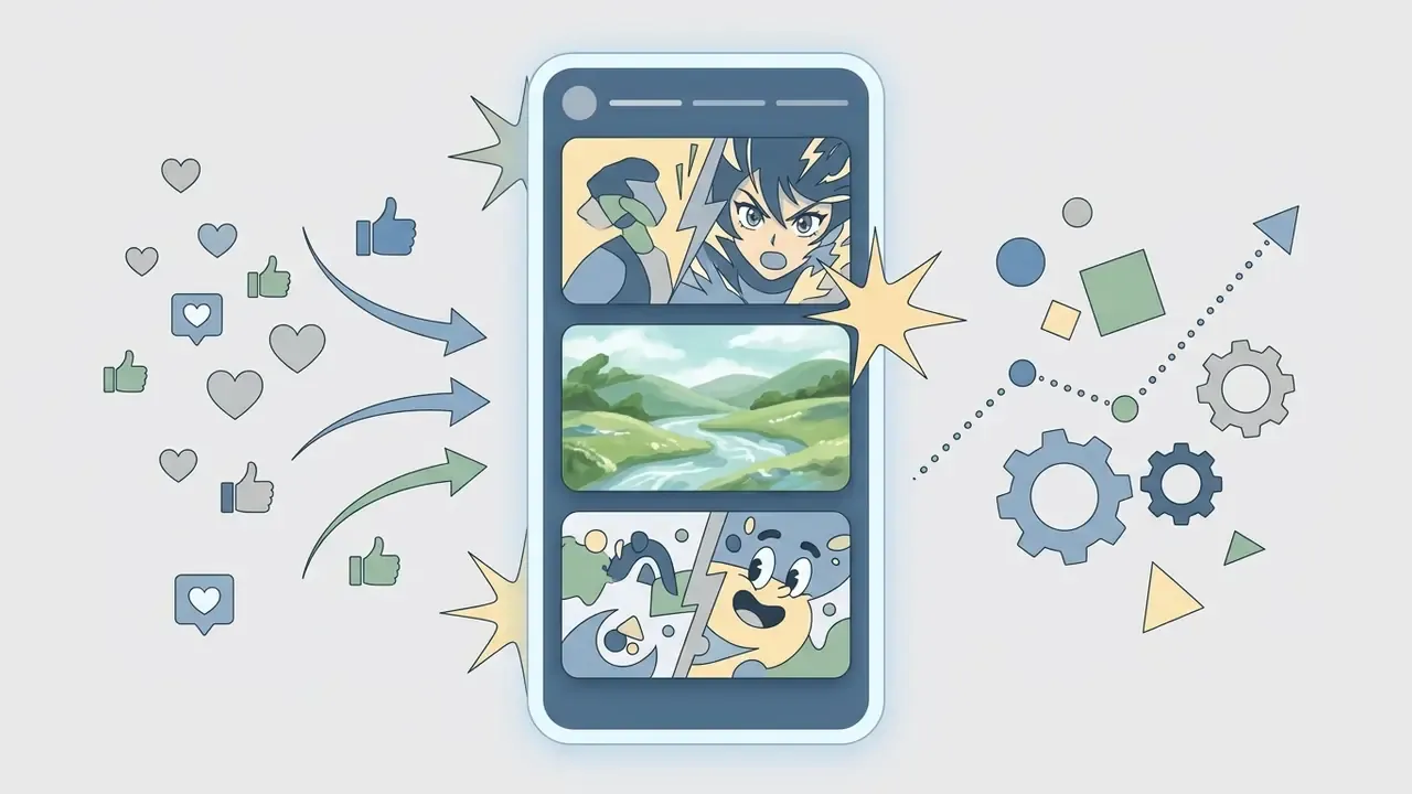 Smartphone screen displaying anime and cartoon story posts with social media engagement icons and gears