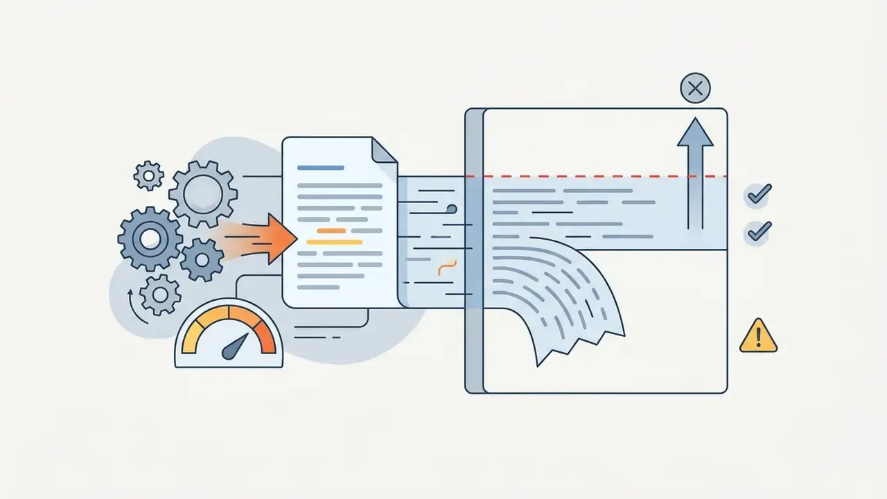 Gears and a gauge processing a document that hits a limit and truncates text in a free AI writing generator