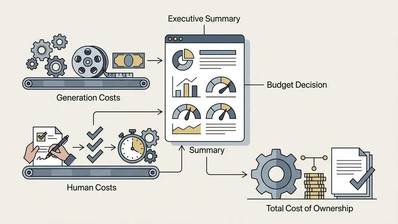 Conveyor belts feeding generation and human labor costs into a central dashboard for budget analysis