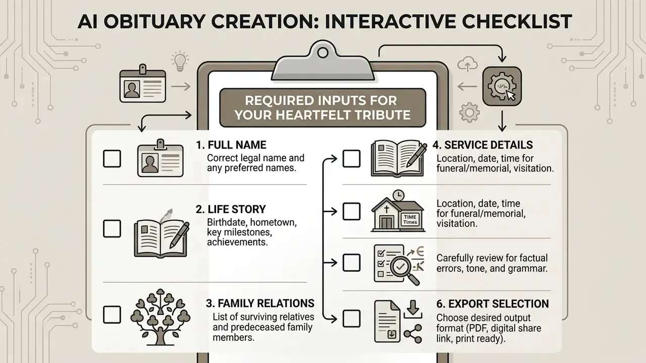 Interactive checklist showing six essential data input categories for writing a memorial tribute