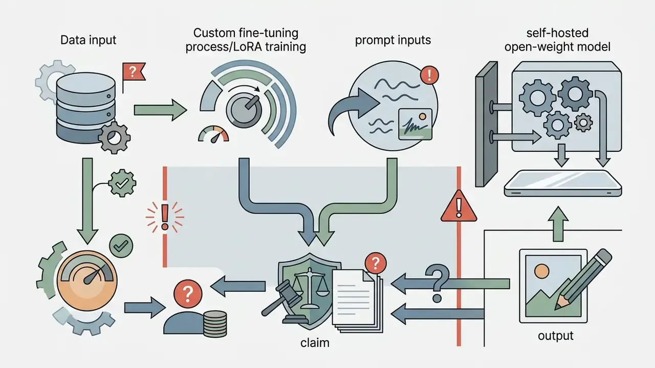 Icons representing data, training, and prompts flowing into a legal claim shield and output process