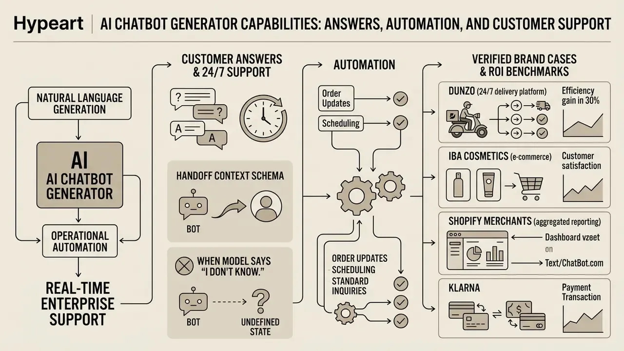Flowchart detailing how an AI chatbot maker integrates natural language and automation for enterprise support