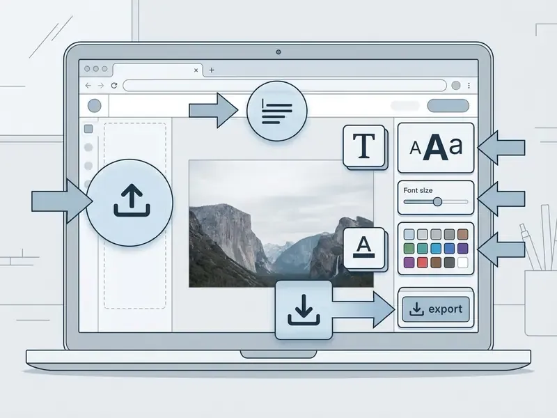 Browser interface showing tools to add text to image with arrows pointing to upload and edit controls