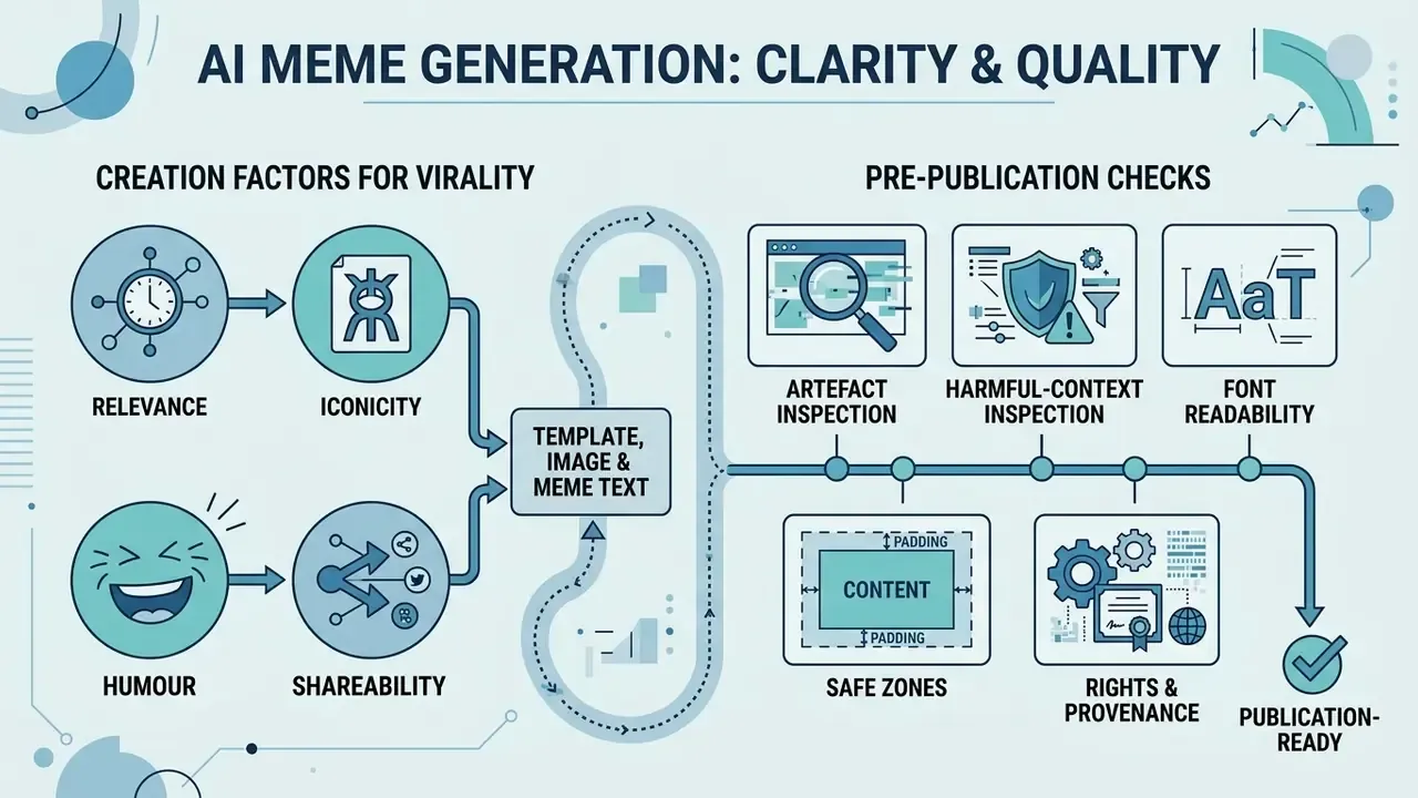 Flowchart outlining virality factors and pre-publication quality checks for digital content creation