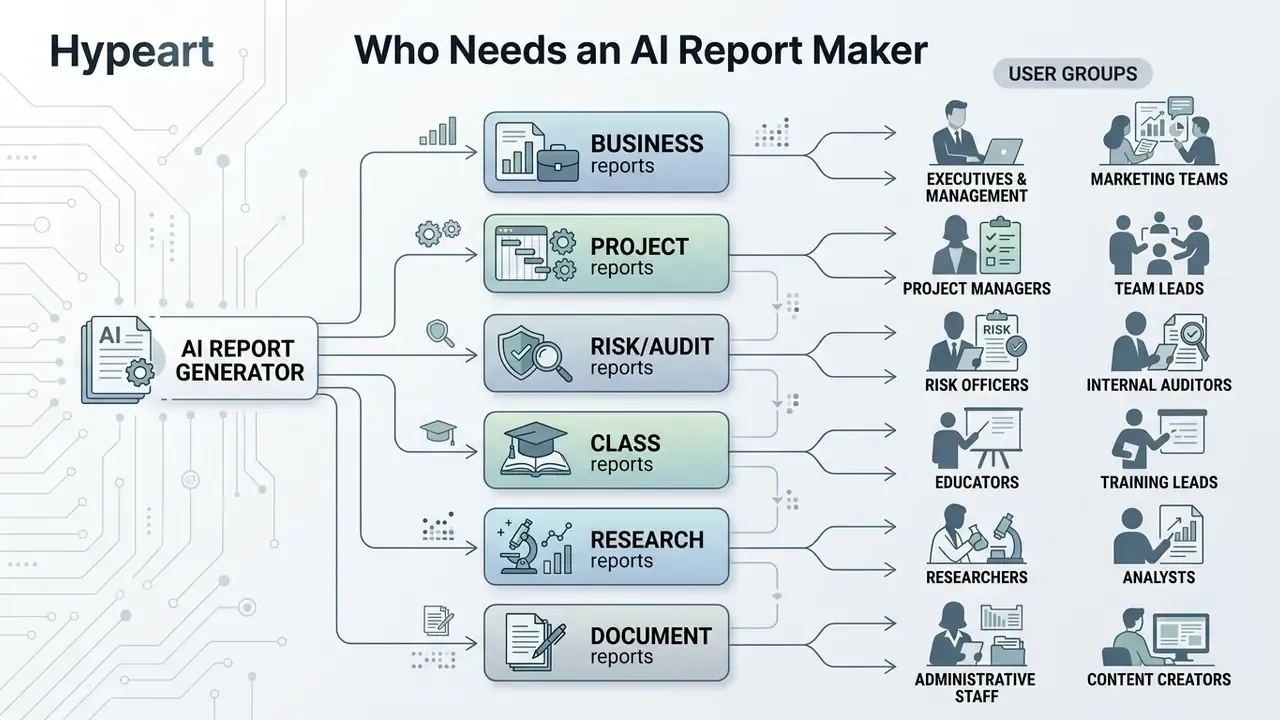 Map connecting various report types generated by AI to their corresponding professional user groups
