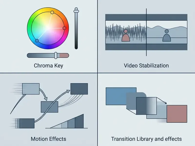 Four panel grid showing chroma key color selection, video stabilization, motion paths, and transitions