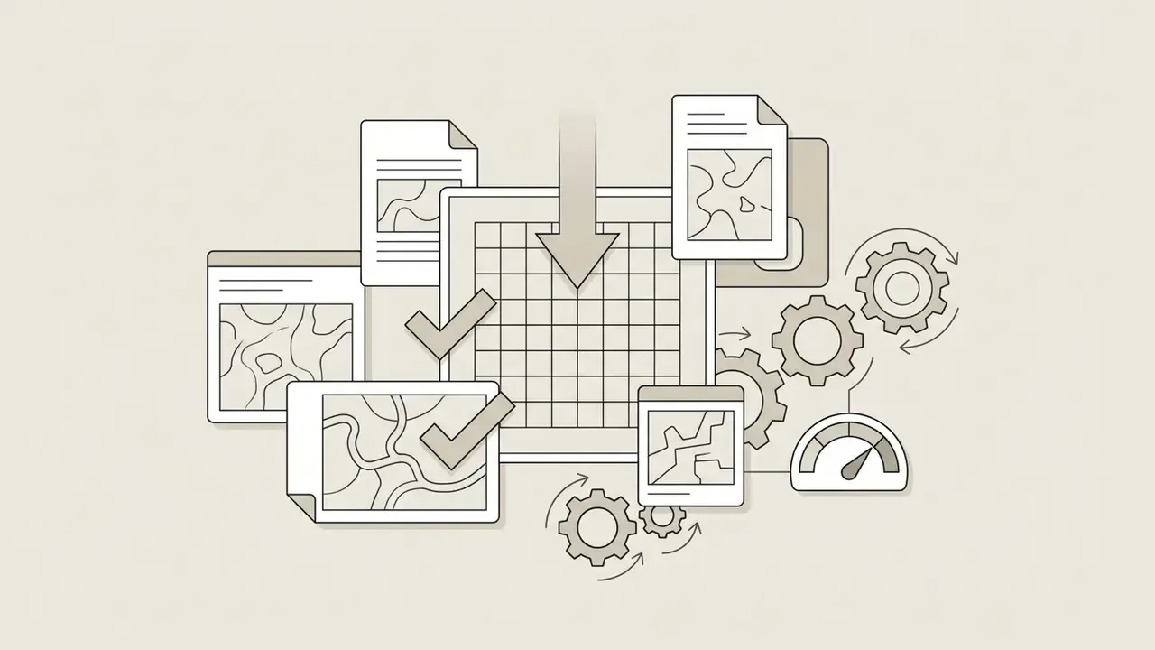 Grid square surrounded by map documents, checkmarks, rotating gears, and a performance gauge