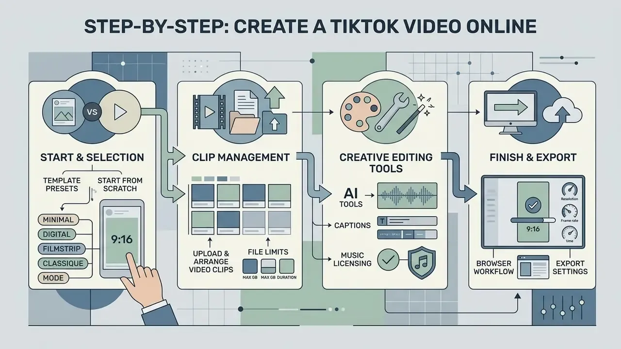 Four-step infographic detailing the process of selecting templates, managing clips, and exporting content