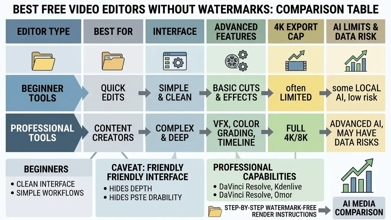 Comparison table contrasting features of beginner and professional video editing software