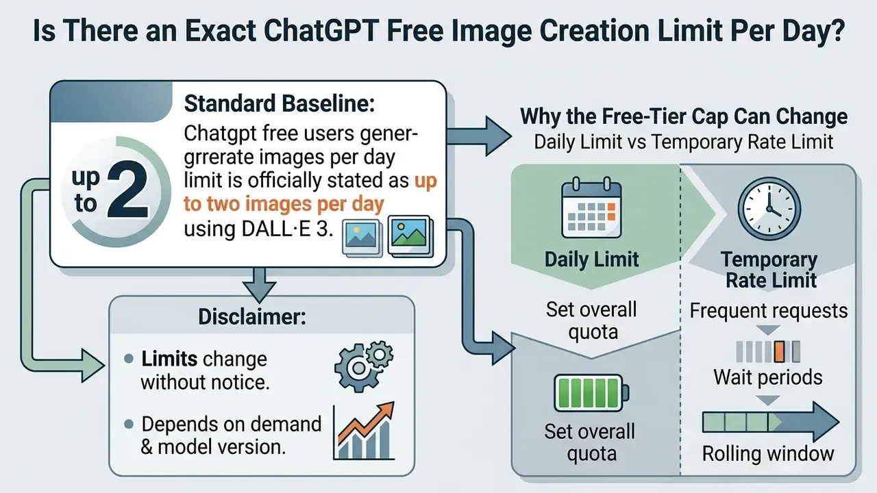 Infographic explaining the ChatGPT free users generate images per day limit of two DALL-E 3 images