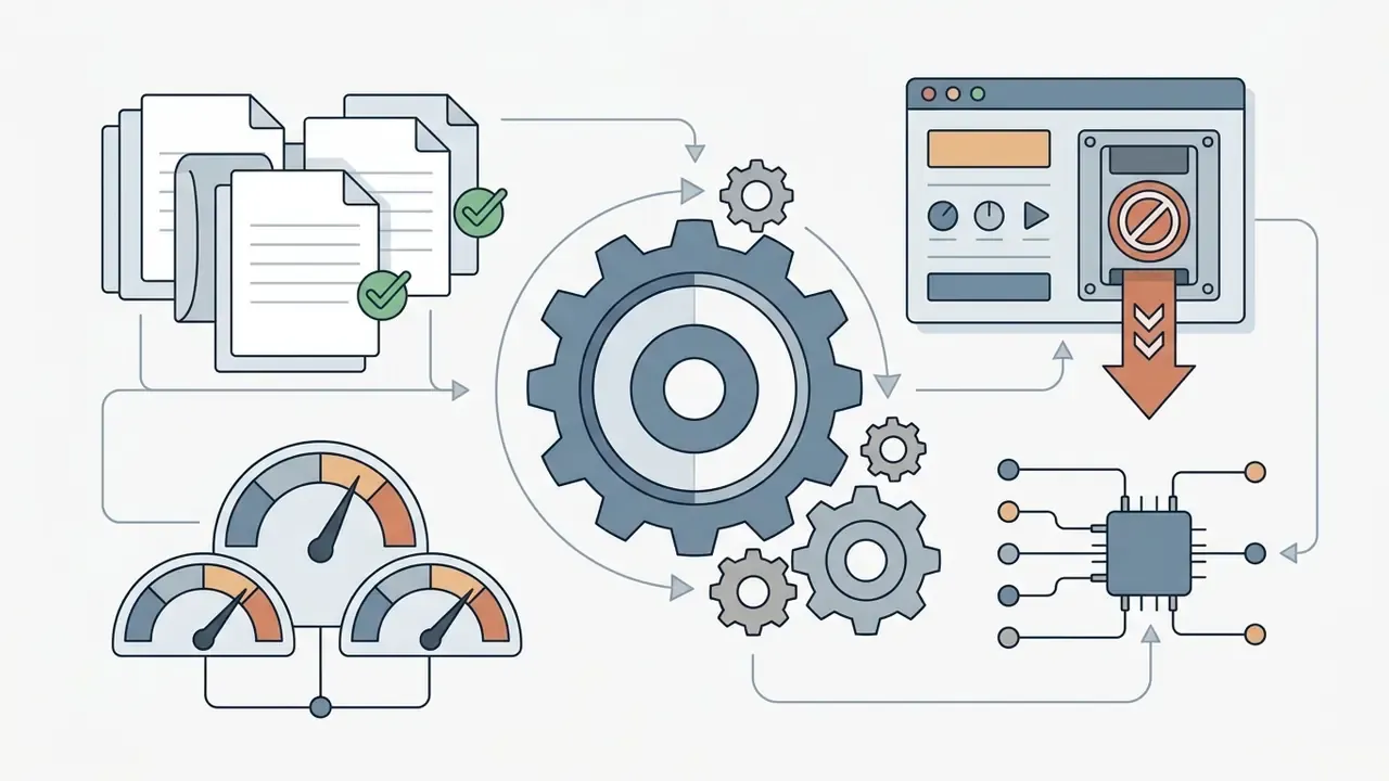 Documents and gauges connected to a gear mechanism and a digital interface with a kill switch icon