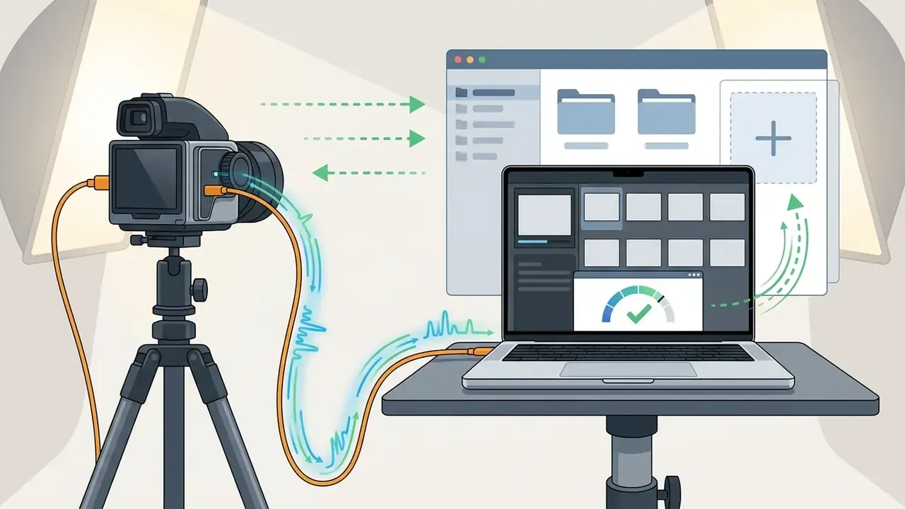 Studio camera tethered to a laptop showing real-time image transfer and cataloging software progress