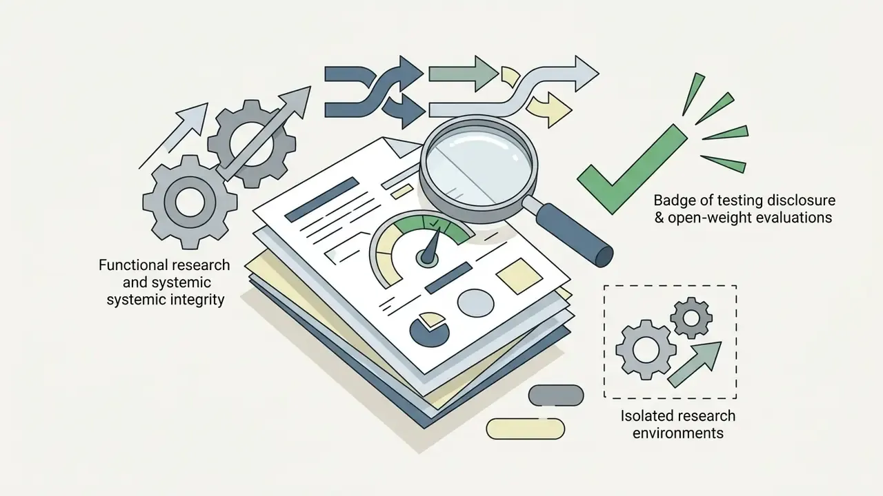 Stack of research documents with a magnifying glass, checkmark, and gears representing testing disclosure