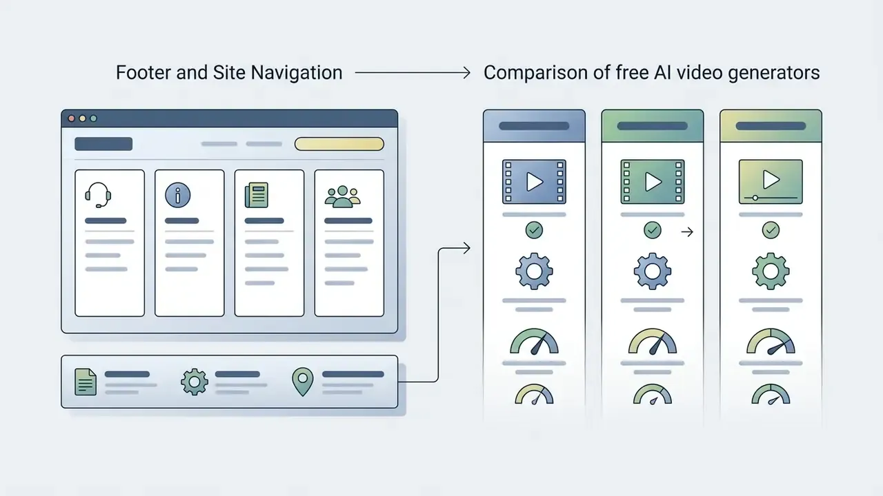 Website navigation layout linked to a comparison of free AI video generators with feature icons