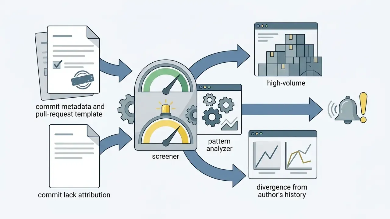 Commit data flowing through a screener and pattern analyzer to trigger alerts for potential anomalies