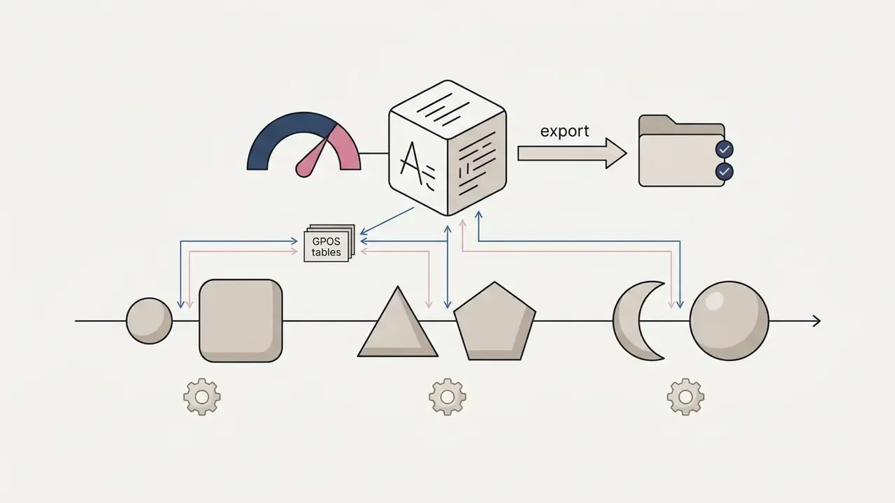 Geometric shapes connected to GPOS tables and a central processing cube with an export folder icon