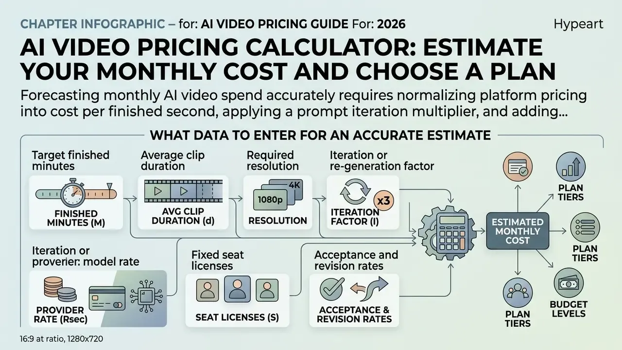 Process flow showing data inputs like clip duration and model rates feeding into an AI video pricing calculator