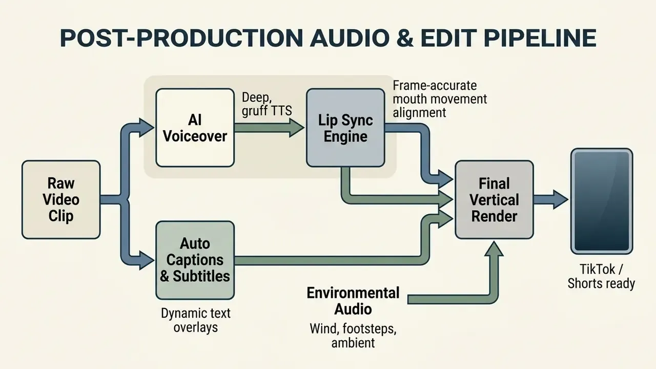 Process flow diagram showing how to make Bigfoot AI videos with voiceover, lip sync, and audio editing
