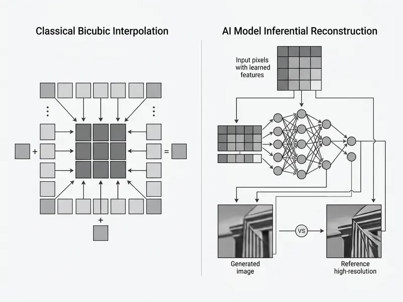 Diagram comparing mathematical bicubic interpolation and AI neural network image reconstruction processes