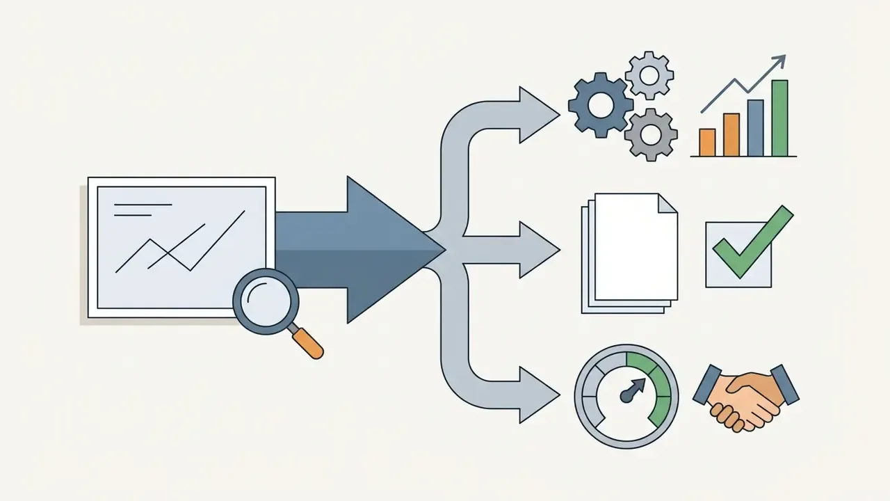 Magnifying glass examining a chart with arrows branching into icons for business outcomes and performance