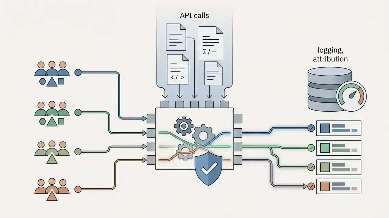 Multiple teams routing API calls through a central processor to secure logging and attribution databases