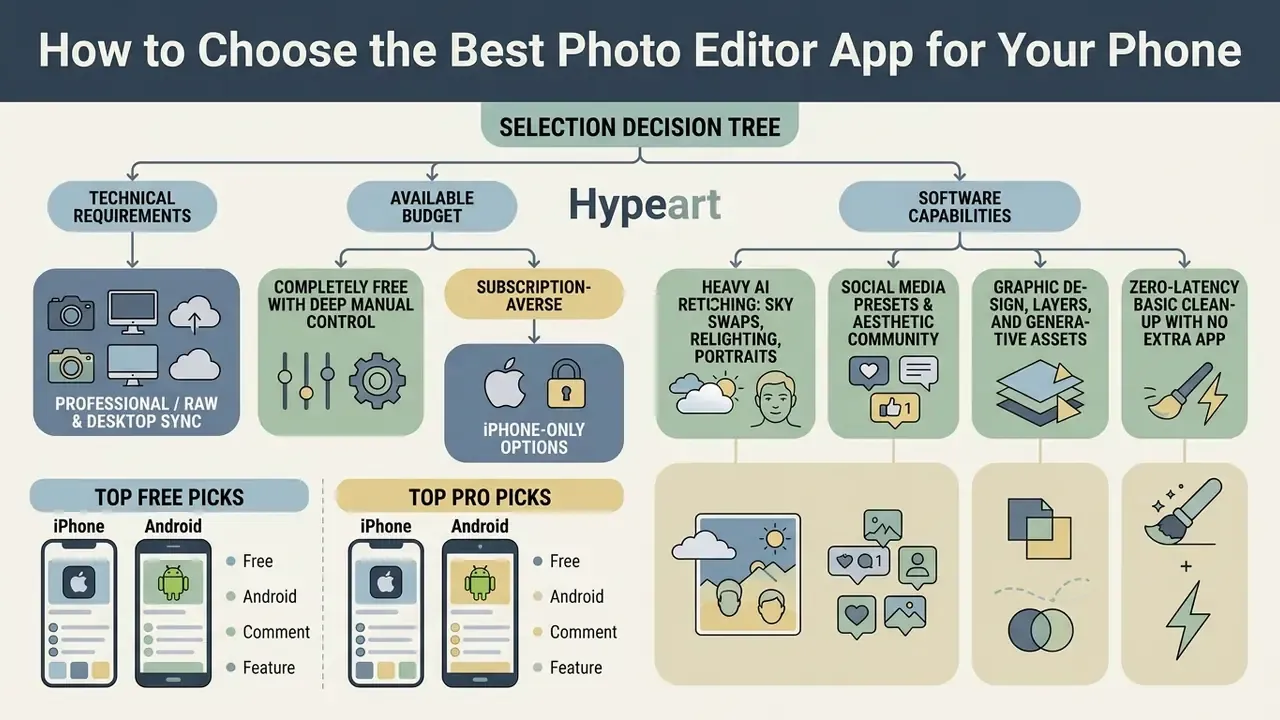 Decision tree mapping technical requirements and software capabilities to select a photo editor app