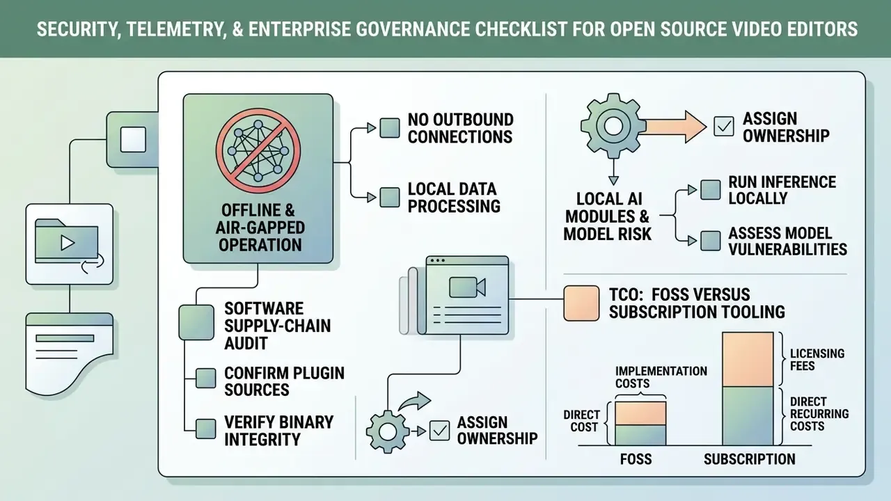 Infographic outlining offline operation, supply chain audits, local AI risks, and cost analysis