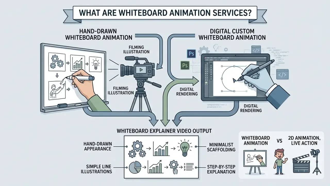 Infographic showing the process of creating hand-drawn and digital whiteboard animation videos