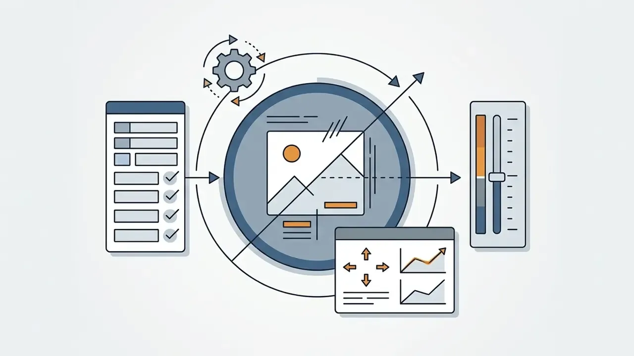 Central circular frame with a checklist, slider control, and data charts representing image optimization