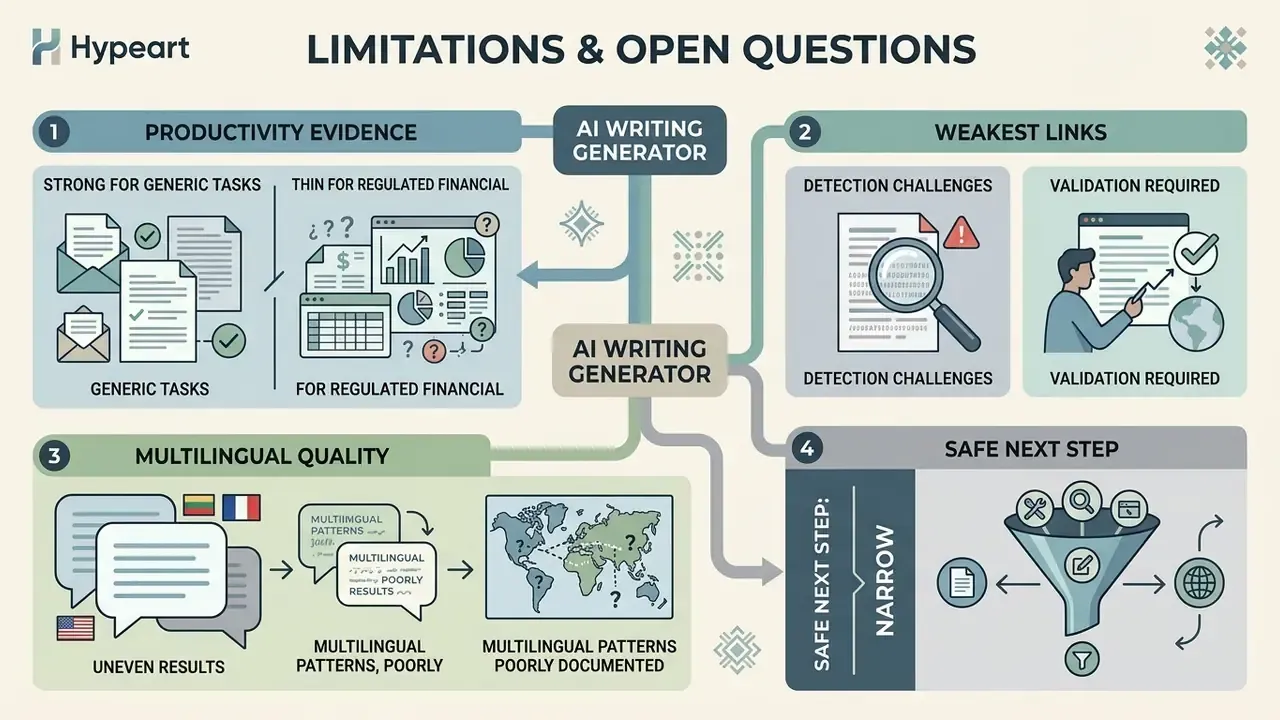 Infographic outlining productivity evidence, detection challenges, multilingual quality, and safe next steps