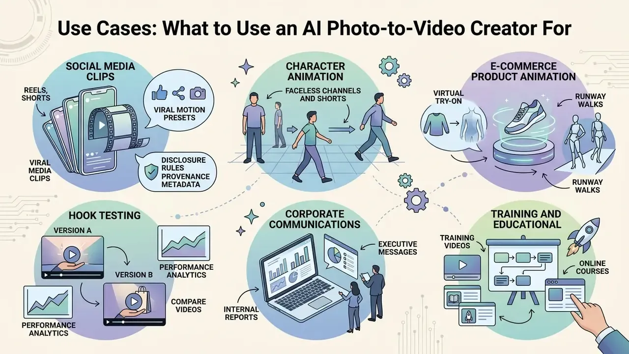 Diagram showing diverse professional applications for an AI photo-to-video creator across six categories