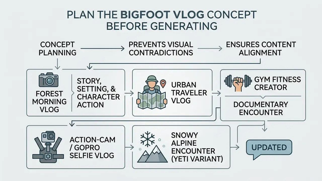 Infographic showing various vlog styles and settings for Bigfoot AI video content creation